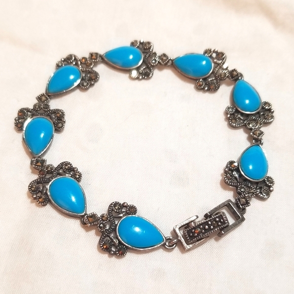 Persian Turquoise Marcasite Antique Sterling Silver Bracelet - Picture 8 of 8